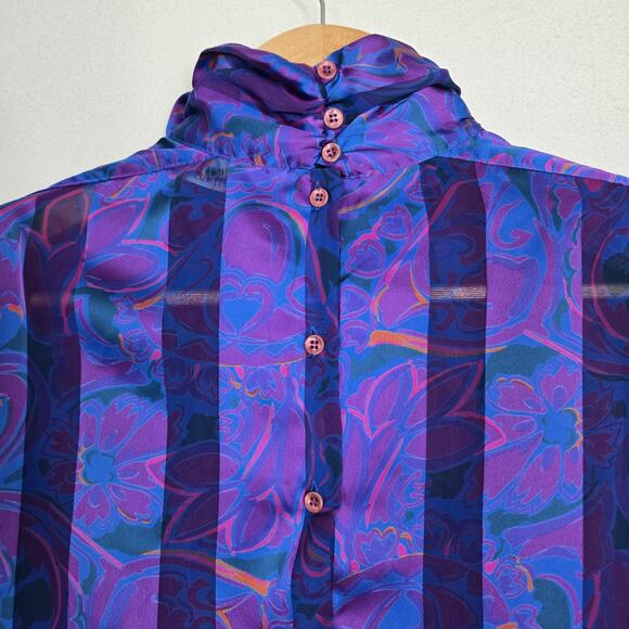 VTG Stuart Lang Blouse Sz 14 Purple Geo Print High Neck Long Sleeve Secretary - Picture 9 of 16